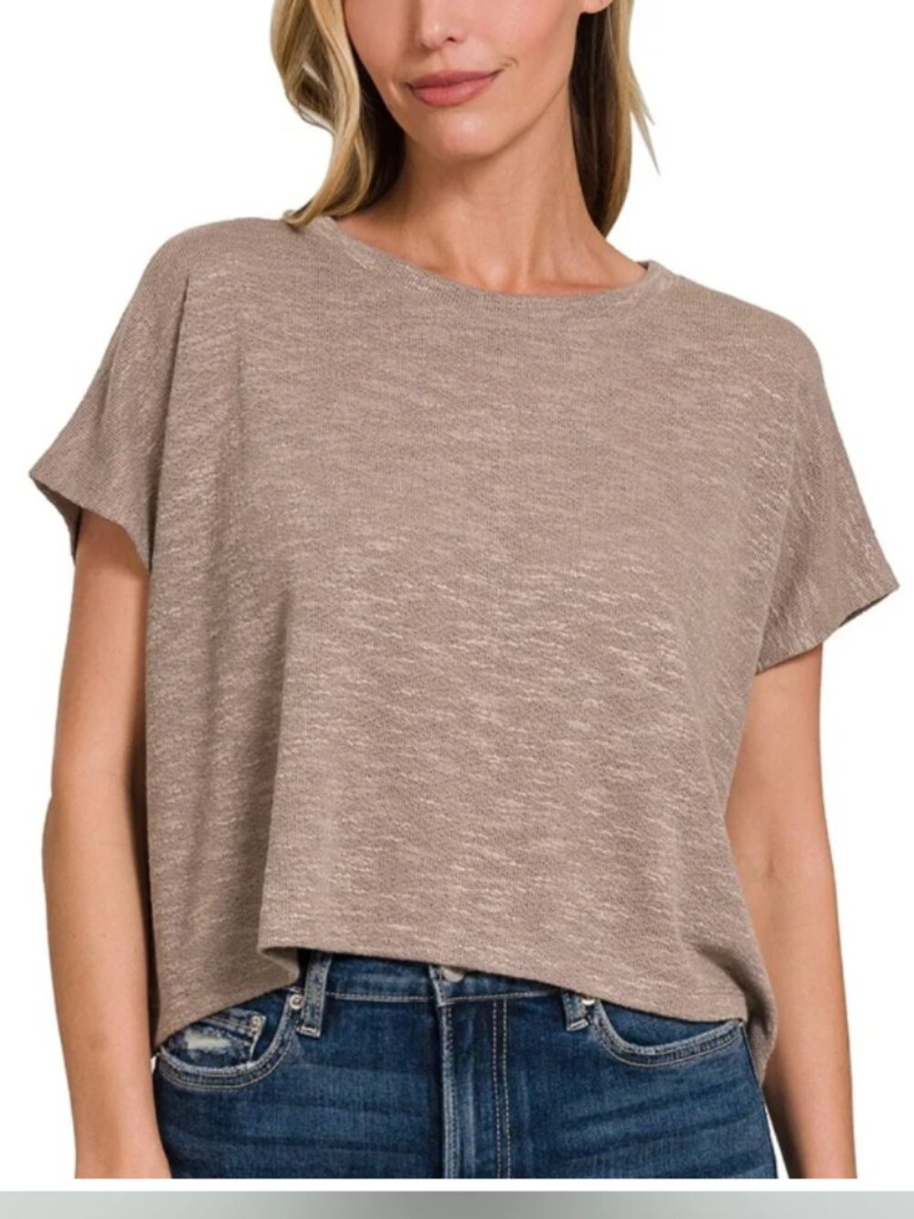 Zenana Outfitters Taupe Tan Short Sleeve Slub Lightweight Knit Crop Top Medium